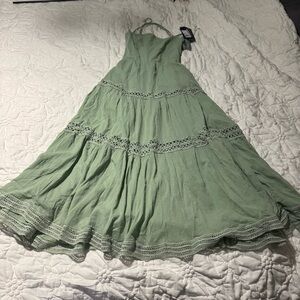 Guess Green Lace Up Back Ruffled Tiered Maxi Dress NWT